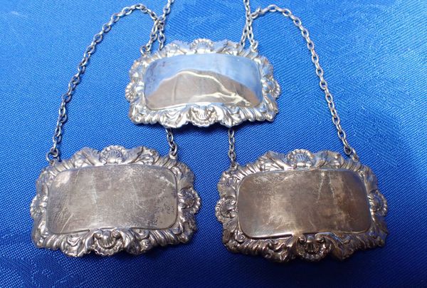 THREE MATCHING SILVER DECANTER LABELS (BLANK)