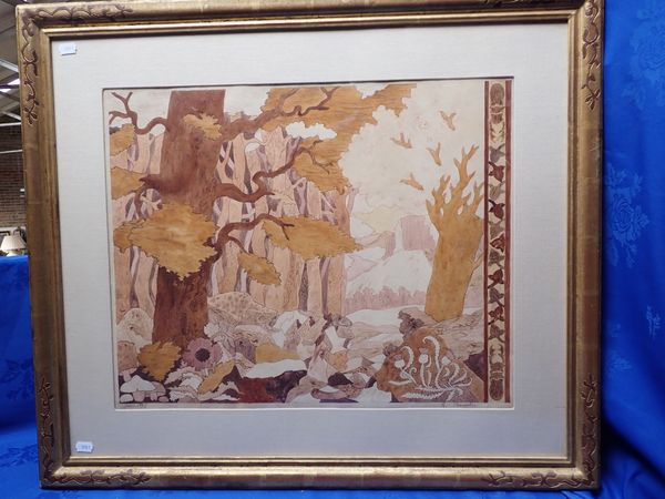 R. BOURDIER: A DESIGN FOR AN ART NOUVEAU MARQUETRY PANEL, WATERCOLOUR