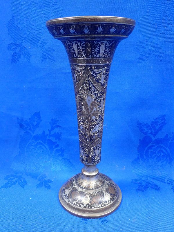 A PERSIAN SILVERED METAL VASE, WITH NIELLO TYPE DECORATION