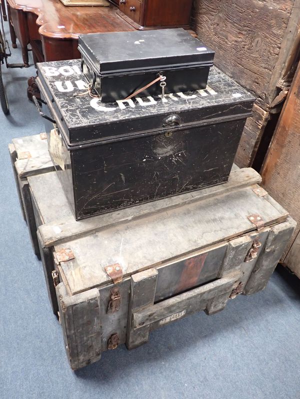 A LARGE MILITARY WOODEN CRATE AND TWO JAPANNED BOXES