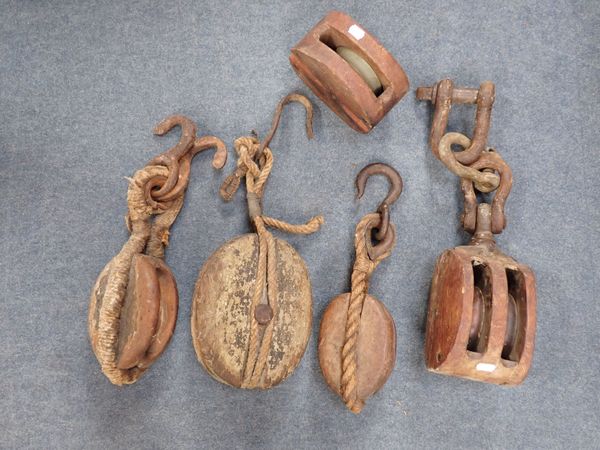 A COLLECTION OF MARITIME WOODEN PULLEYS