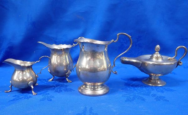 A SILVER ALADDIN TYPE LAMP, A SILVER MILK JUG