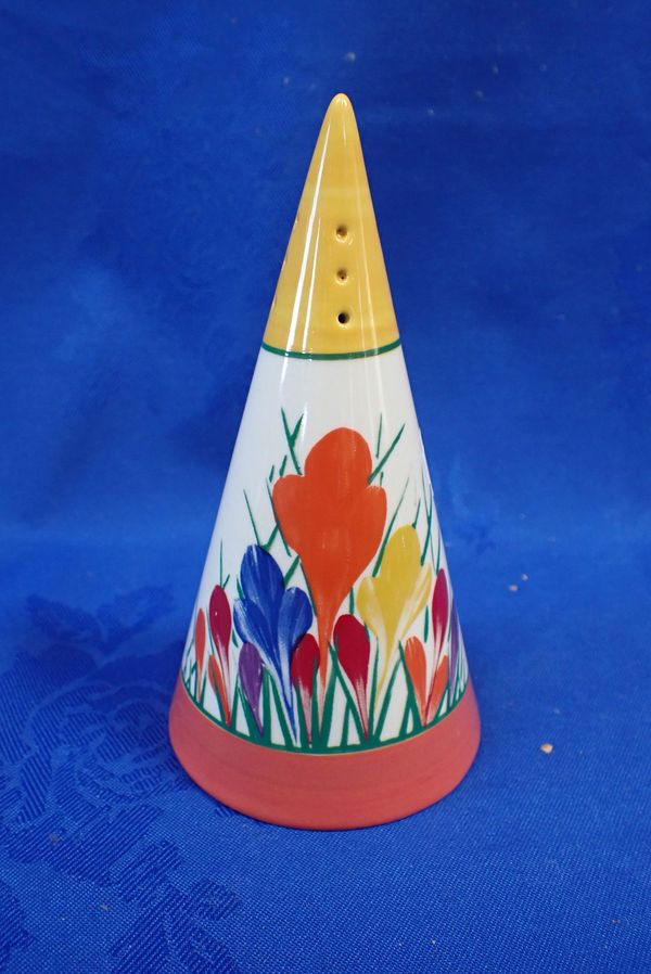 A CLARICE CLIFF 'CROCUS' CONICAL SUGAR SHAKER