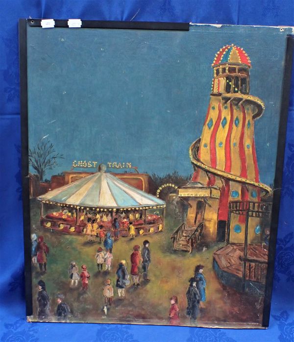 A NAIVELY PAINTED FAIRGROUND SCENE, OIL ON BOARD