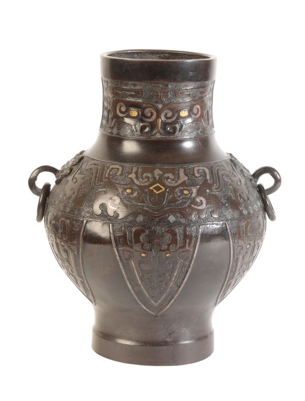 A CHINESE SILVER AND GOLD ONLAID BRONZE BALUSTER VASE