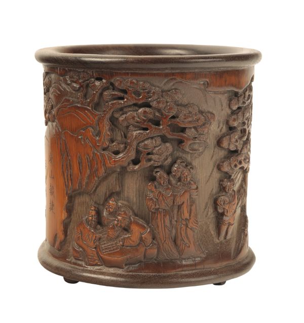 A CHINESE BAMBOO CYLINDRICAL BRUSH-POT