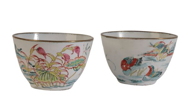 A PAIR OF CHINESE CANTON ENAMEL FAMILLE ROSE WINE CUPS
