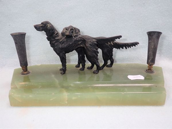 TWO BRONZE SETTERS ON AN ONYX PEN STAND