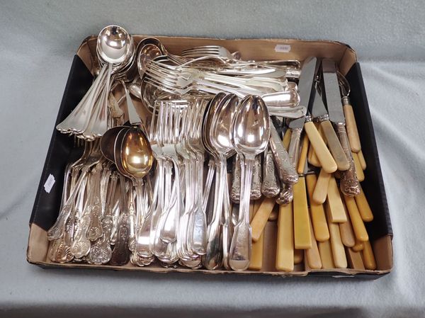 SIX SILVER TABLE FORKS AND  ASSORTED PLATED CUTLERY