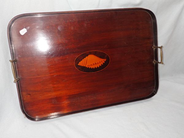 AN EDWARDIAN MAHOGANY SERVING TRAY WITH SHELL INLAY