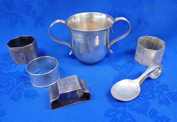 A SILVER TWO-HANDLED CHRISTENING MUG, A  BABY SPOON