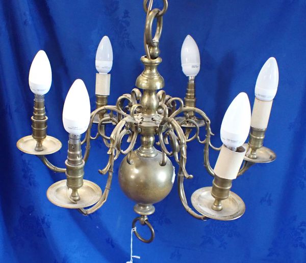 A SIX-BRANCH DUTCH STYLE BRASS CHANDELIER