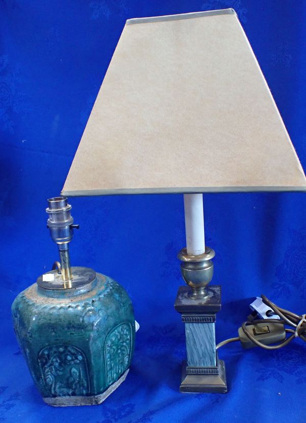 A TABLE LAMP, MADE FROM AN ANTIQUE CHINESE GREEN-GLAZED JAR