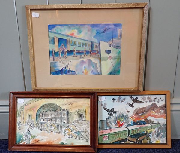 THREE AMATEUR WATERCOLOURS OF WWII INTEREST