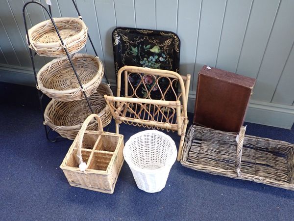 AN THREE-TIER WICKER AND METAL FRAMED VEGETABLE RACK