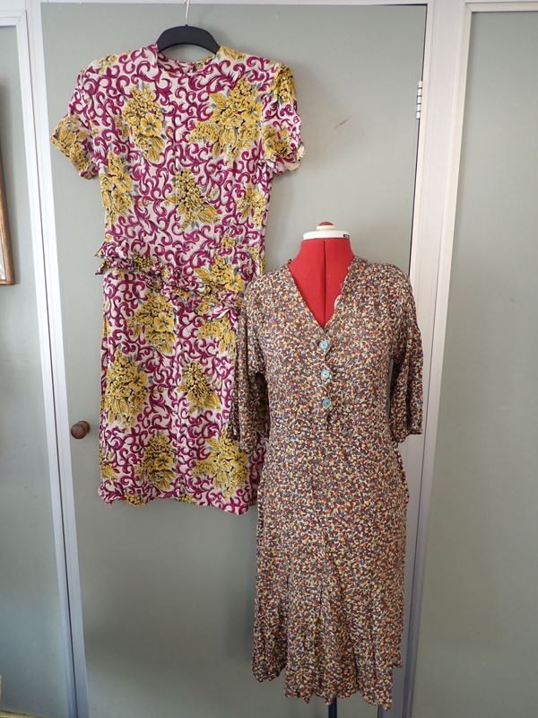 TWO LADIES' VINTAGE PRINTED CREPE DE CHINE DRESSES