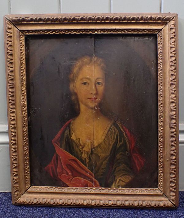 PORTRAIT OF A LADY, WITH GREEN DRESS AND RED CAPE