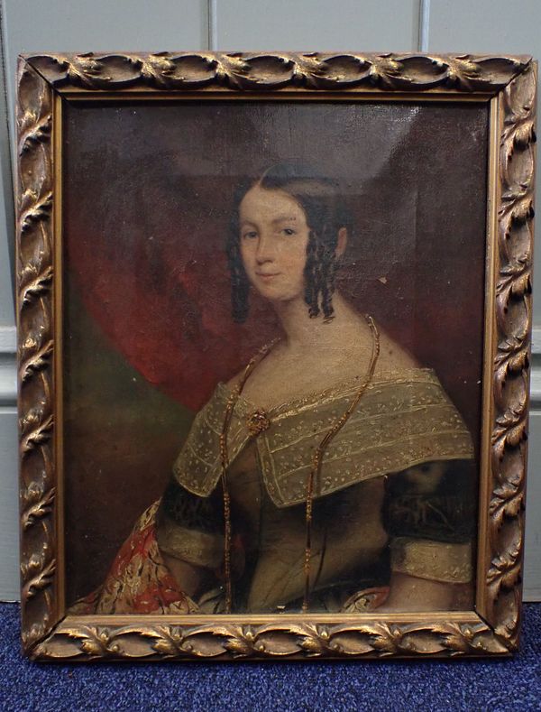 PORTRAIT OF A LADY WITH HAIR IN RINGLETS AND LONG NECKLACE