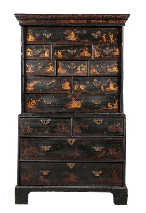 A GEORGE I BLACK AND GILT JAPANNED CHEST ON CHEST