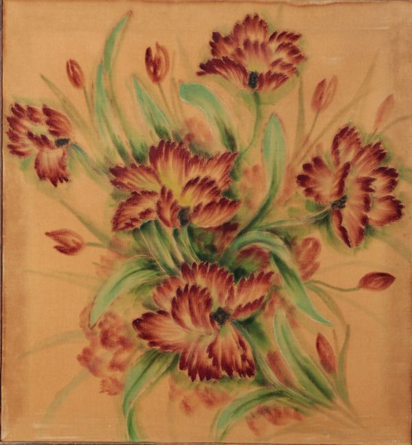 A STILL LIFE STUDY OF FLOWERS PAINTED ON FABRIC