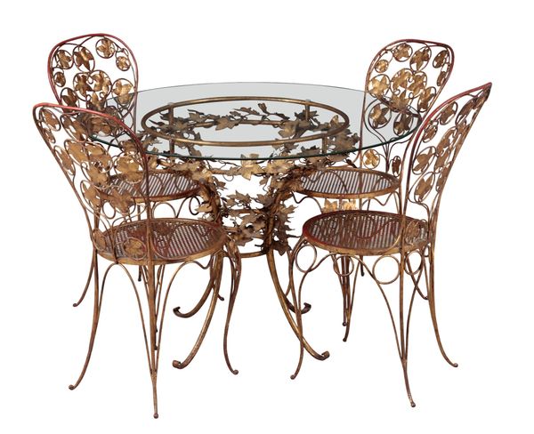 A SET OF FOUR RED-PAINTED AND GILDED GARDEN CHAIRS