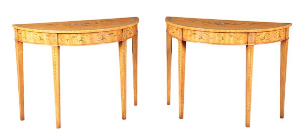 A PAIR OF GEORGE III STYLE SATINWOOD AND POLYCHROME SIDE TABLES