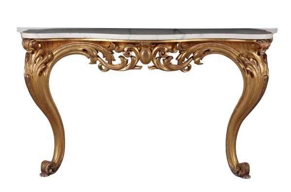 A MARBLE-TOPPED GILTWOOD SERPENTINE CONSOLE TABLE