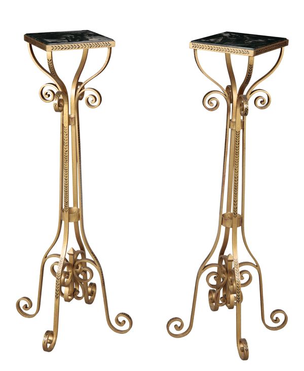 A PAIR OF GILT METAL AND MARBLE TOPPED TORCHERE