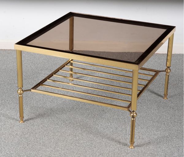 A CONTEMPORARY GILT METAL AND SMOKED GLASS COFFEE TABLE