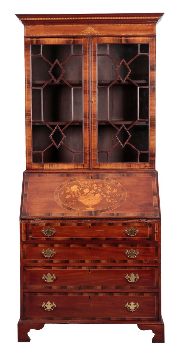 AN EDWARDIAN MAHOGANY AND MARQUETRY BUREAU BOOKCASE