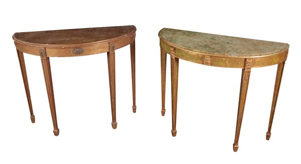 A NEAR PAIR OF CONTEMPORARY GILTWOOD DEMI-LUNE SIDE TABLES