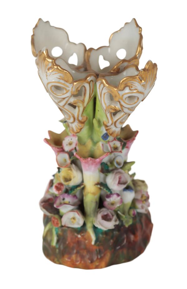 A 19TH CENTURY JACOB PETIT FLORAL ENCRUSTED PORCELAIN SPILL VASE