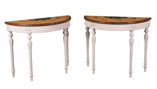 PAIR OF INLAID AND PAINTED SATINWOOD DEMI LUNE TABLES