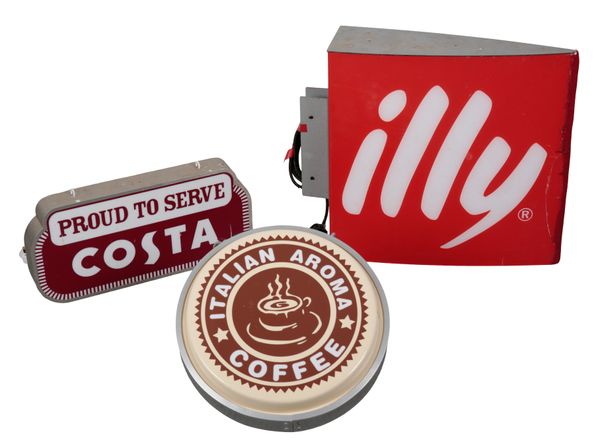 THREE MODERN ILLUMINATED COFFEE SIGNS - ILLY, COSTA AND ITALIAN AROMA