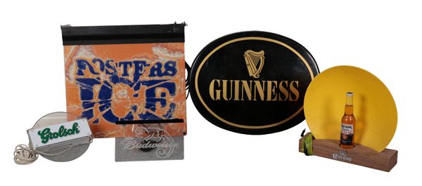 FIVE MODERN ILLUMINATED BEER SIGNS - CORONA, GROLSCH, FOSTERS, GUINNESS AND BUDWEISER