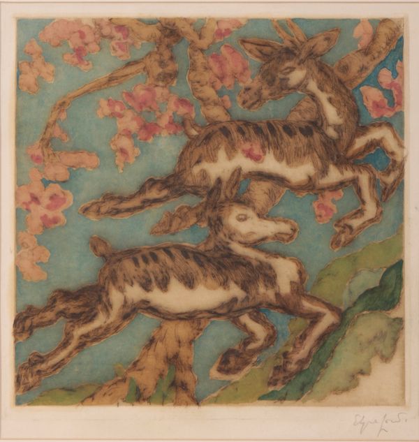 *ELYSE ASHE LORD (1900-1971) Indian deer against blossoming trees
