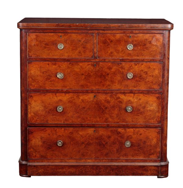 A VICTORIAN FIGURED AND BURR WALNUT CHEST OF DRAWERS