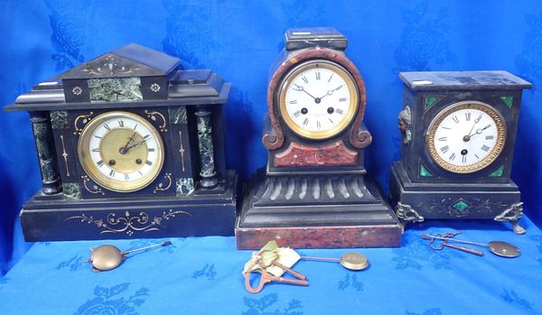 A VICTORIAN SLATE AND ROUGE MARBLE CASED CLOCK