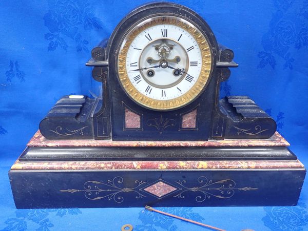 A VICTORIAN SLATE AND MARBLE CASED CLOCK