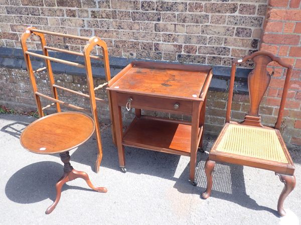 AN EDWARDIAN TROLLEY TABLE, A TOWEL HORSE