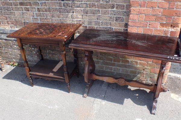 A 19TH CENTURY WALNUT TABLE, WITH PARQUETRY TOP