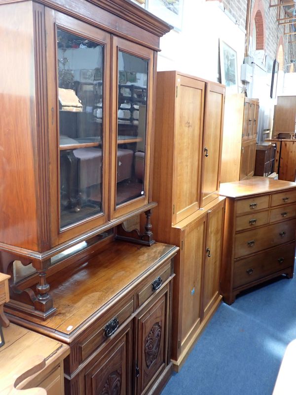 AN EDWARDIAN WALNUT BUFFET WITH GLAZED UPPER SECTION