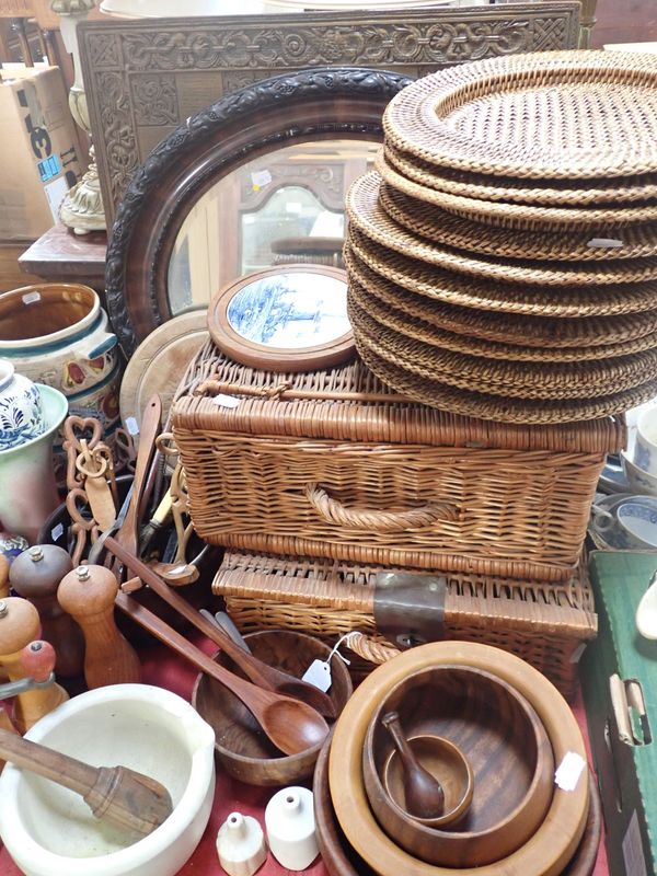 TWO WICKER PICNIC  BASKETS, PLACEMATS, WELSH SPOONS