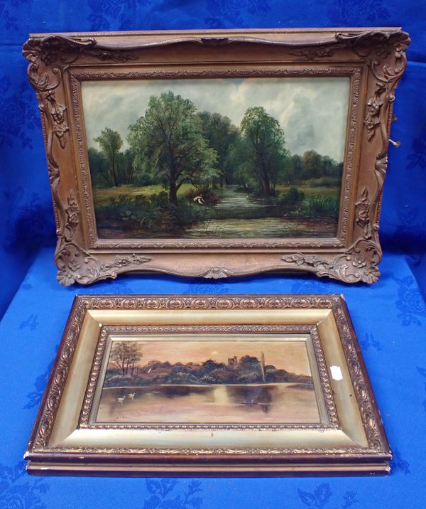 TWO OIL ON CANVAS LANDSCAPE PAINTINGS IN GILT FRAMES