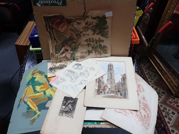 A PORTFOLIO CONTAINING A COLLECTION OF DRAWINGS, PAINTINGS AND PRINTS