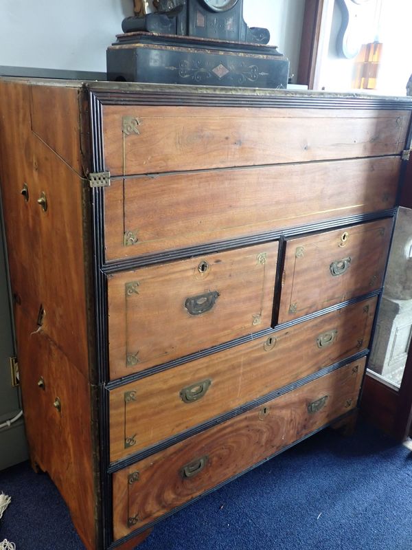 A 19TH CENTURY CAMPHORWOOD CAMPAIGN SECRETAIRE CHEST