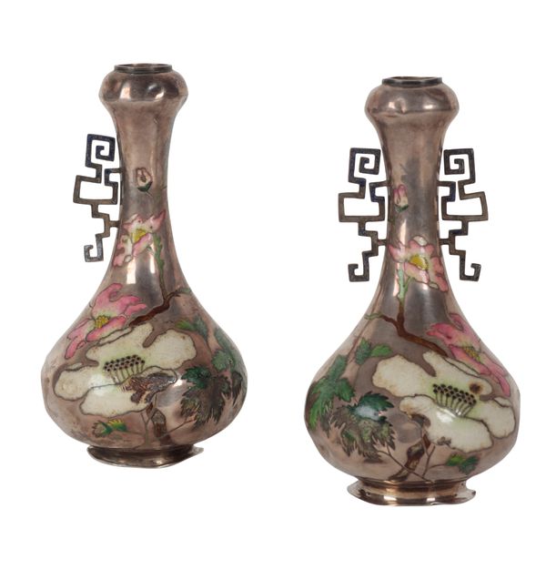 A PAIR OF CHINESE EXPORT SILVER AND ENAMEL VASES
