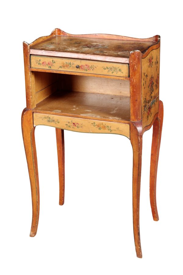 A SINGLE POLYCHROME BEDSIDE CABINET