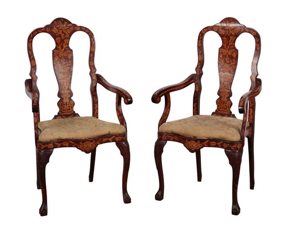 A PAIR OF DUTCH WALNUT AND MARQUETRY ARMCHAIRS