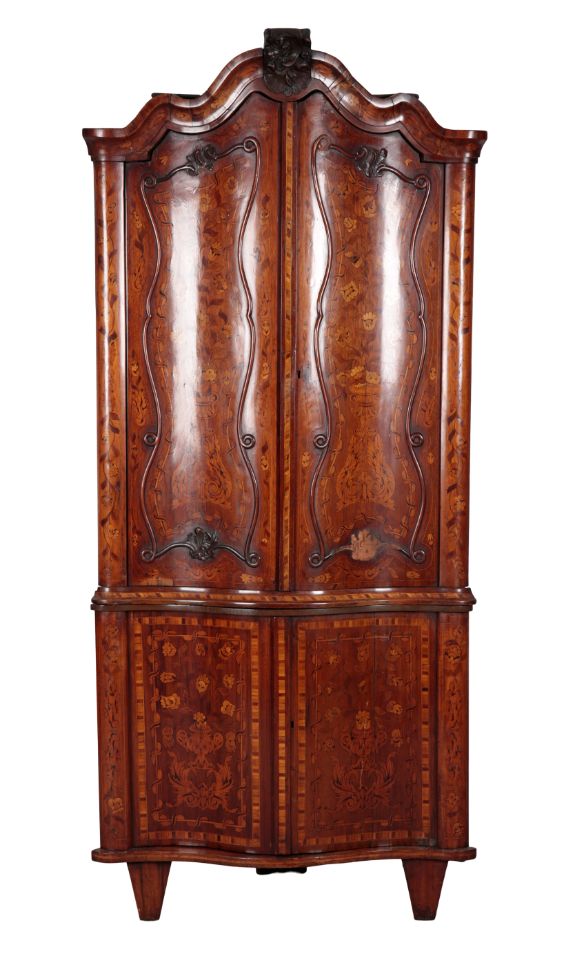 A DUTCH WALNUT AND MARQUETRY STANDING CORNER CUPBOARD